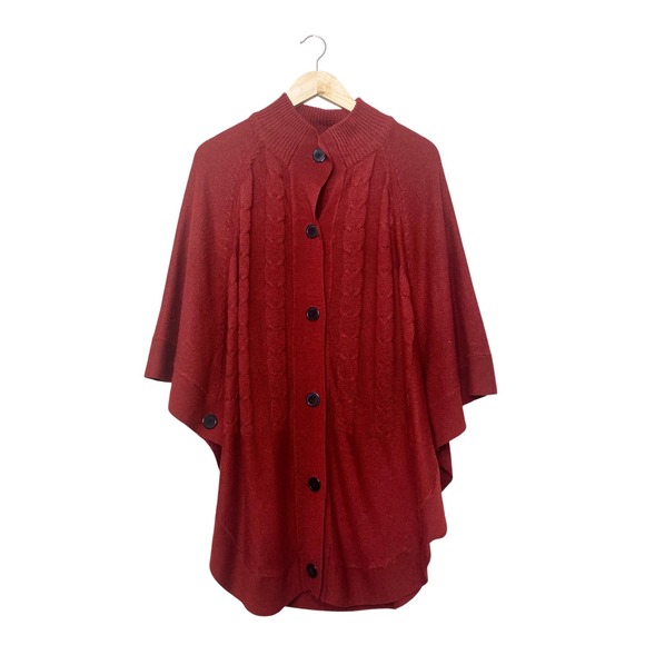 Argee Sweaters - Argee Womens Red Cable Knit Button Front Poncho Sweater Mock Neck L/XL
